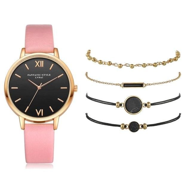 Watch 5Pcs Set Women Quartz Wristwatch Leather Bracelet